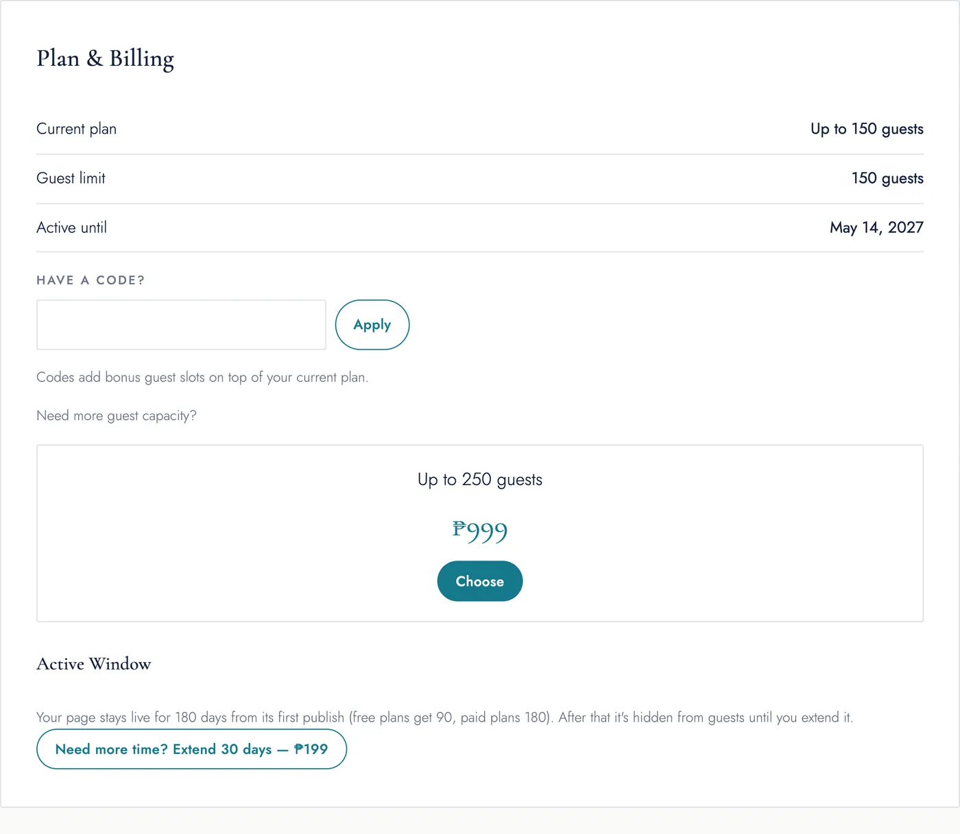 Plan & Billing: current plan and guest limit, an active-until date, a redemption-code field, the next guest-capacity tier with its price, and an extend-30-days button.