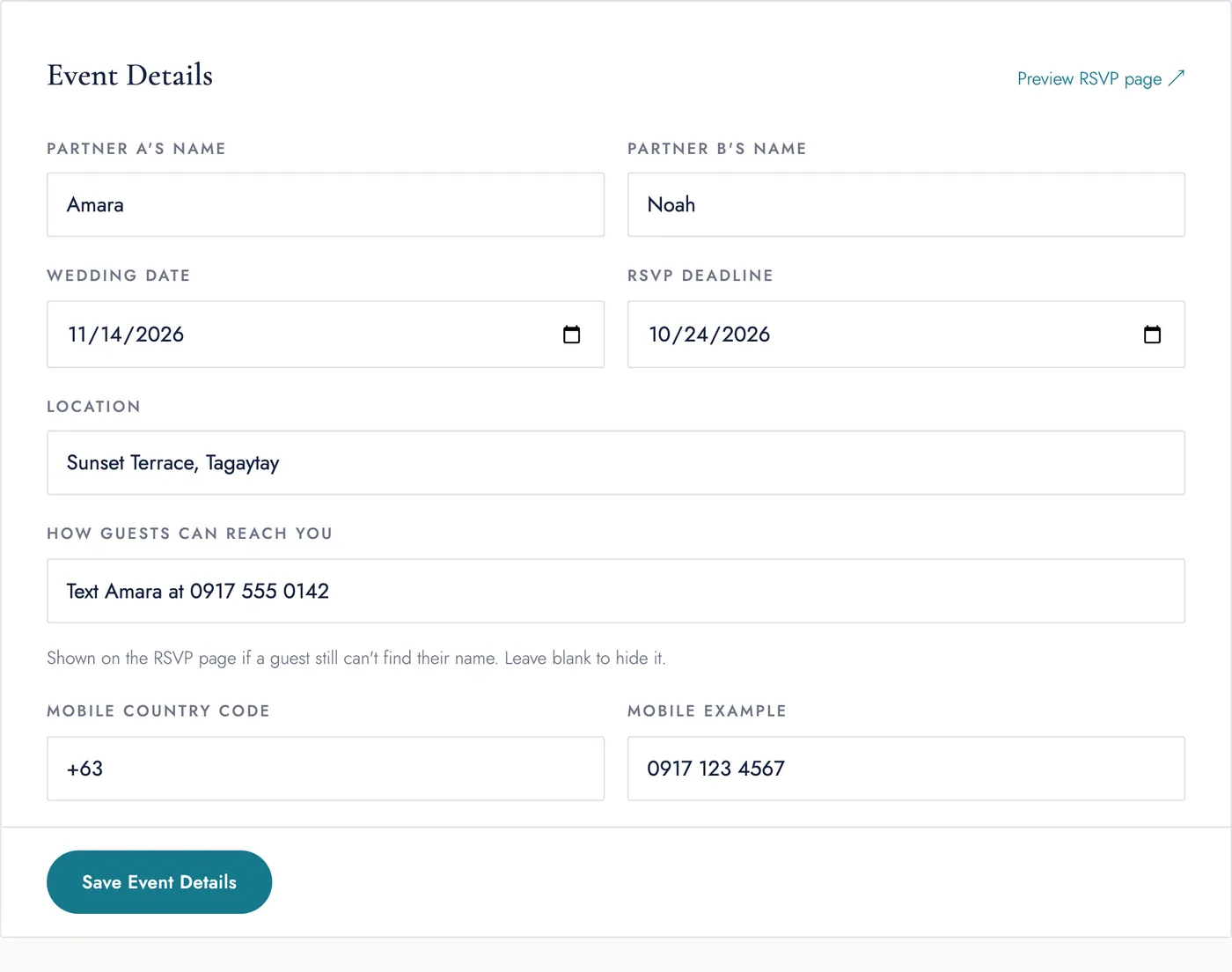 The Event Details form with fields for both partners' names, wedding date, RSVP deadline, location, a contact line, and the mobile-number format.