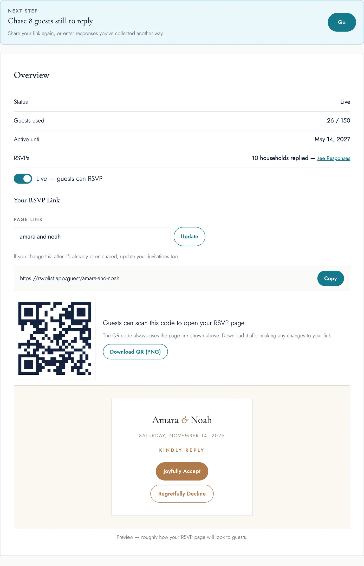 The Overview section: the next-step prompt and setup checklist, status / guests-used / active-until / RSVPs rows, the Live/Draft toggle, the shareable RSVP link and QR code, and a preview of the RSVP card.