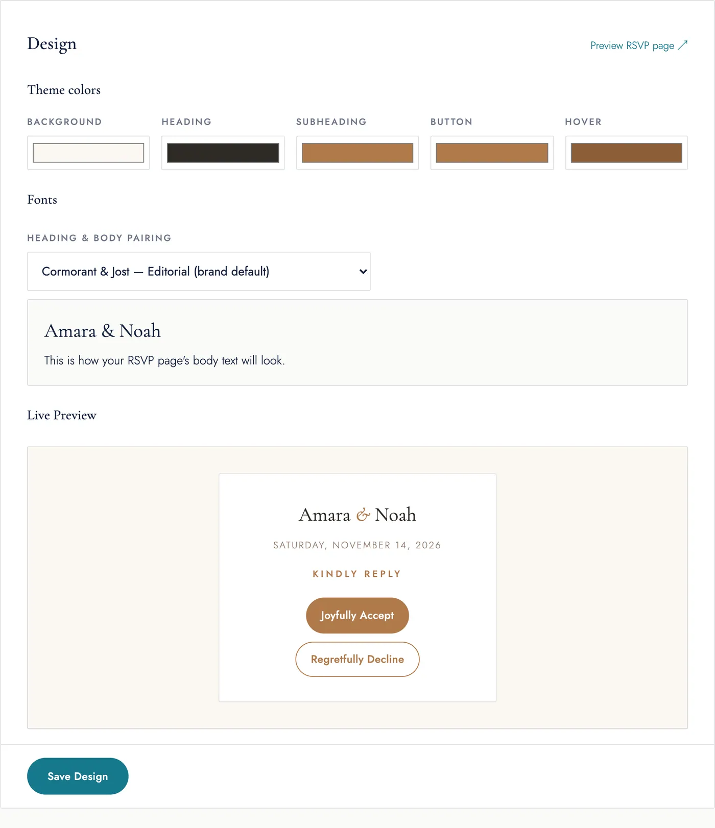 Design: five colour swatches, a font-pairing dropdown, a text preview, and a live preview of the RSVP card.