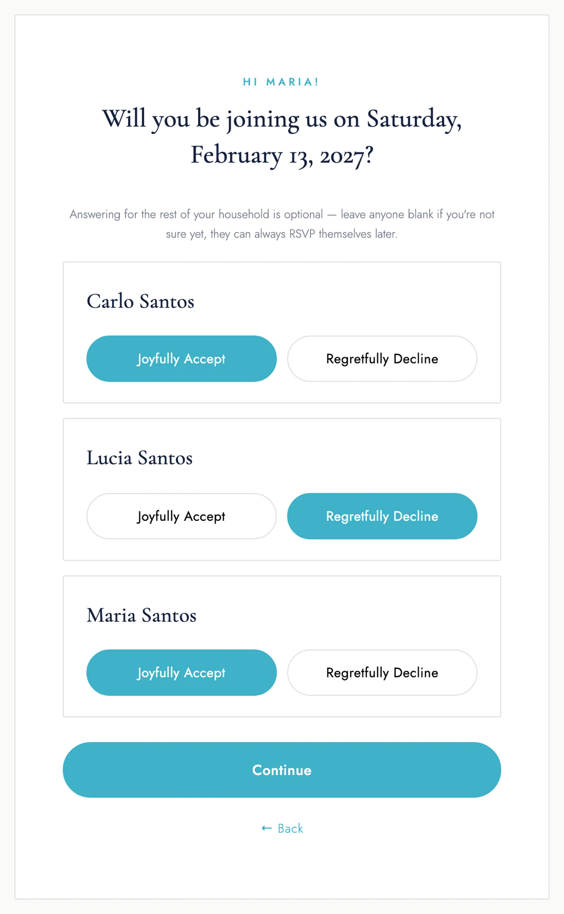 The household reply screen: an accept/decline pill pair for each person in the household and a Continue button.