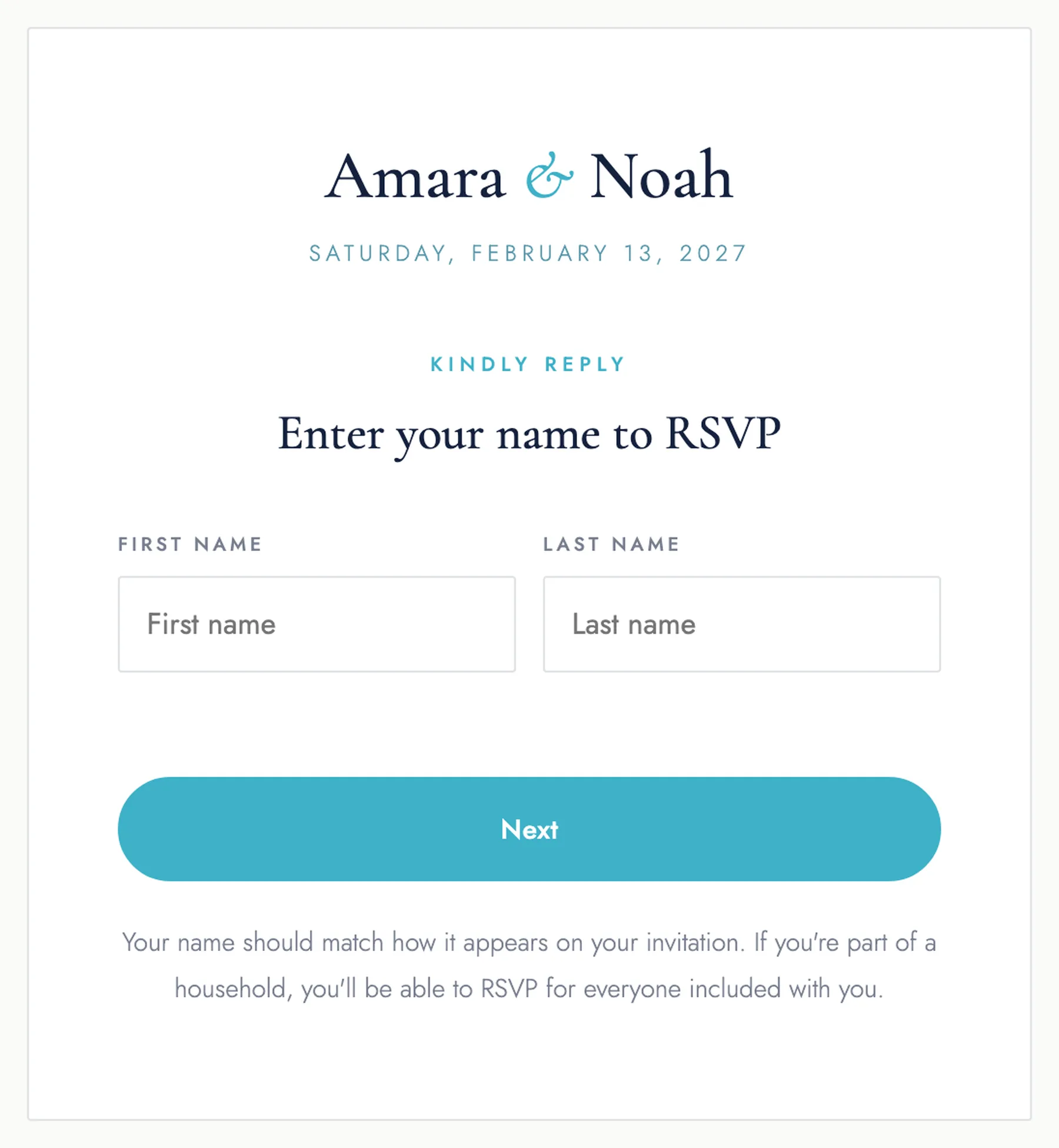 The guest RSVP landing screen: the couple's names and date over first-name and last-name fields and a Next button.
