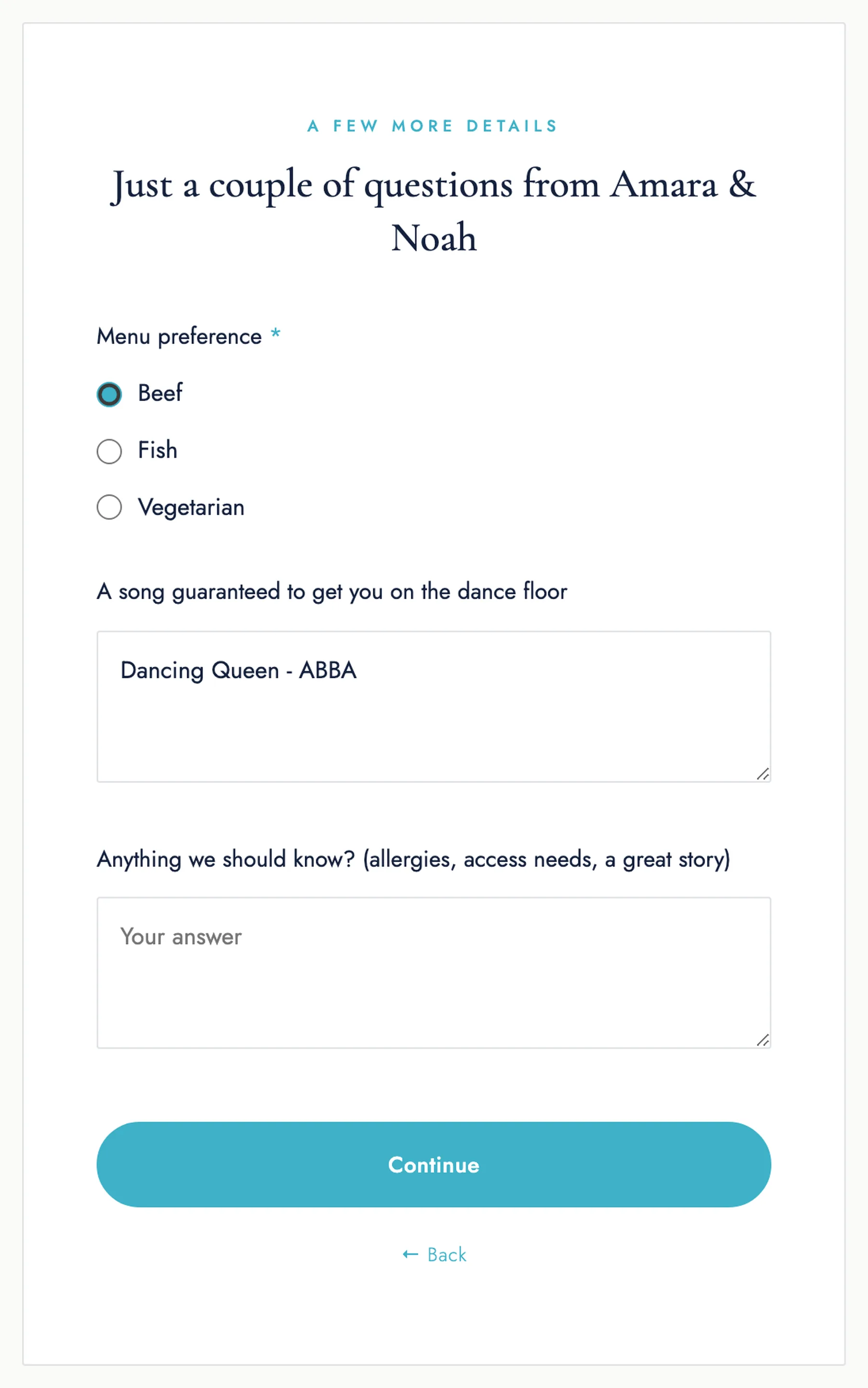 The custom-questions screen a guest sees: a required menu radio choice and two optional text answers.
