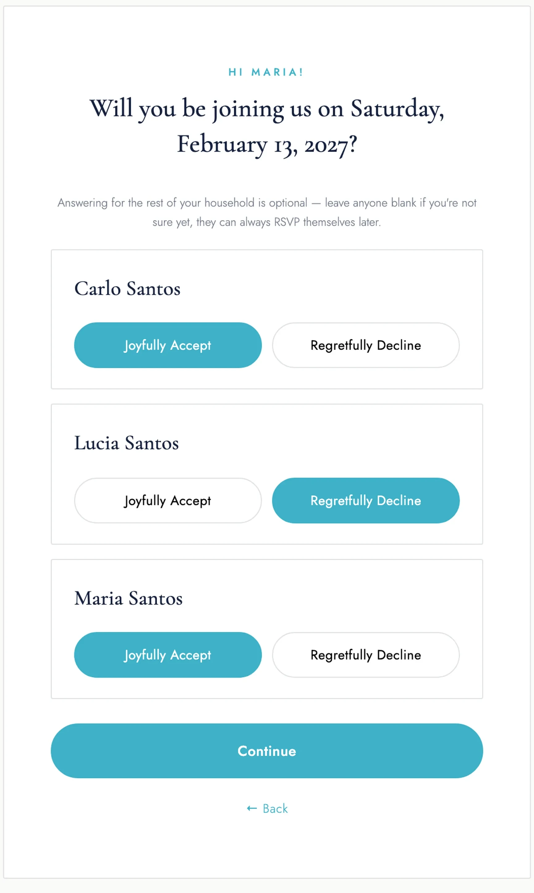 A guest's RSVP screen: "Will you be joining us?" with Joyfully Accept or Regretfully Decline for each person in the household.